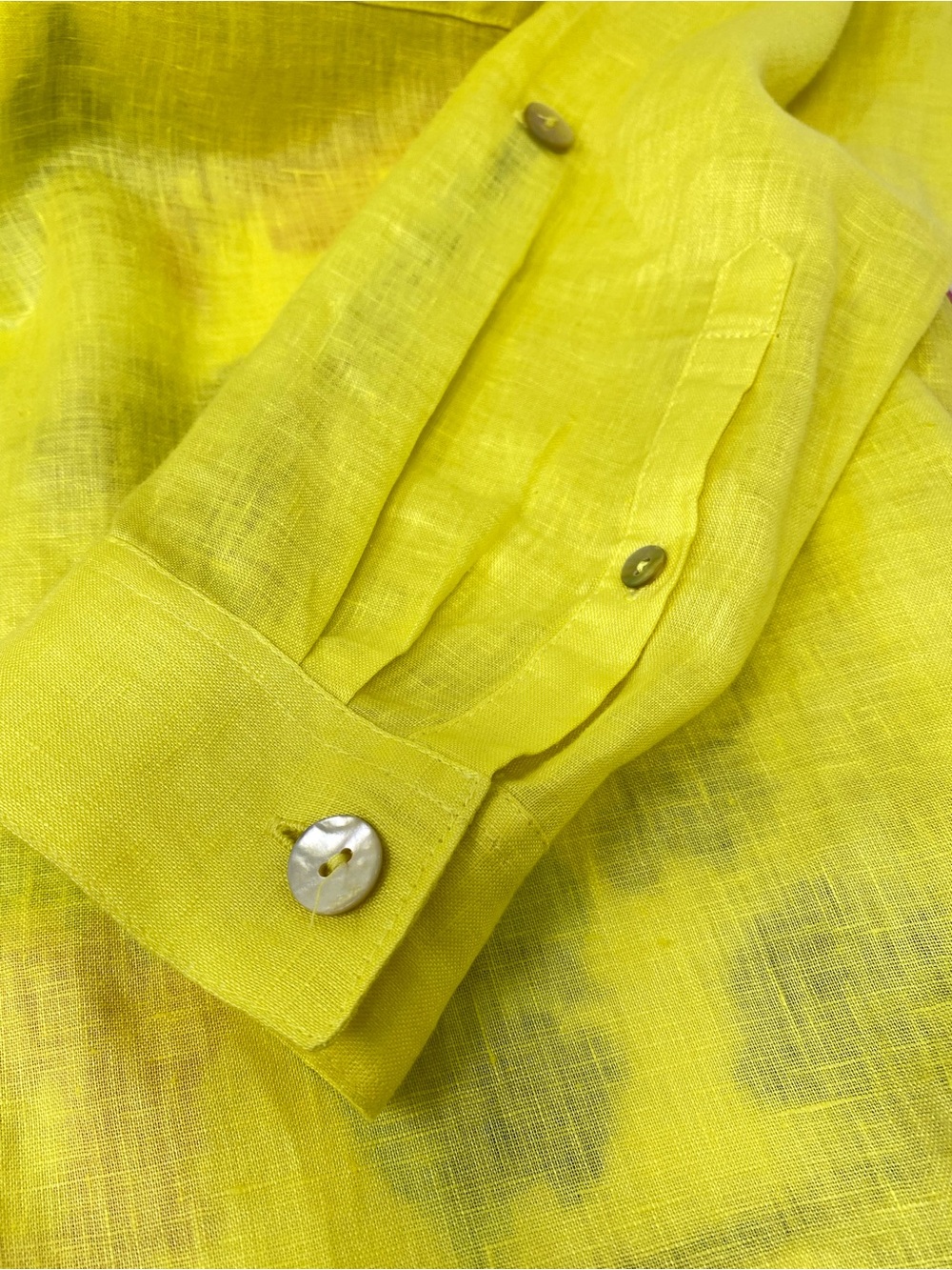 John Mark Blouse Top Linen Yellow Embroidered Mixed Media with Blue Striped Hem - Picture 10 of 13